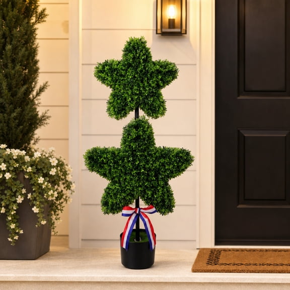 35" Patriotic Two-Star Artificial Topiary, Artificial Boxwood Tree Star Shaped Outdoor Fake Tree UV Rated Potted Plants, Independence Day Porch Decoration