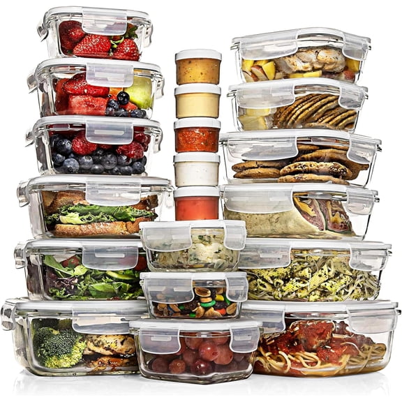 35 Pc Glass Food Storage Containers Set with Lids - Meal Prep Airtight Bento Boxes BPA-Free, Leak Proof, 15 Glass Containers, 15 Lids & 5 Plastic Sauce/Dip Cups