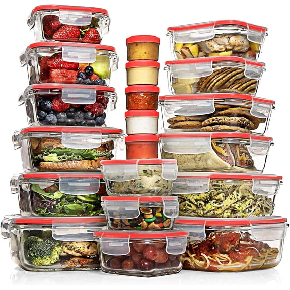 35 Pc Set Glass Food Storage Containers with Lids - Meal Prep Airtight Bento Boxes 100% Leak Proof (15 lids,15 glass & 5 Plastic Sauce/Dip Containers)