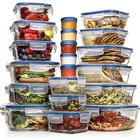35 Pc Set Glass Food Storage Containers with Lids - Meal Prep Airtight Bento Boxes 100% Leak Proof (15 lids,15 glass & 5 Plastic Sauce/Dip Containers)