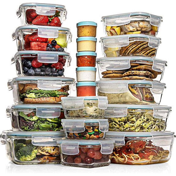35 Pc Set Glass Food Storage Containers with Lids - Meal Prep Airtight Bento Boxes BPA-Free 100% Leak Proof (15 lids,15 glass & 5 Plastic Sauce/Dip Containers)