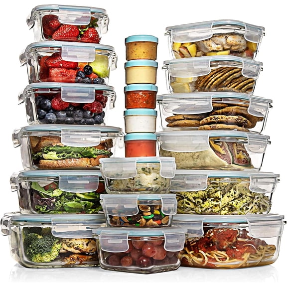 35 Pc Set Glass Food Storage Containers with Lids - Meal Prep Airtight Bento Boxes BPA-Free 100% Leak Proof (15 lids,15 glass & 5 Plastic Sauce/Dip Containers)