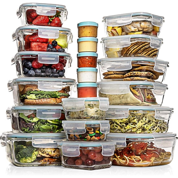 35 Pc Set Glass Food Storage Containers With Lids - Meal Prep Airtight Bento Boxes Bpa-free 100% Leak Proof (15 15 & 5 Plastic Sauce/dip Containers)