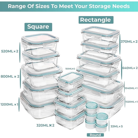 35 Pc Set Glass Food Storage Containers with Lids - Meal Prep Airtight Bento Boxes BPA-Free  Leak Proof