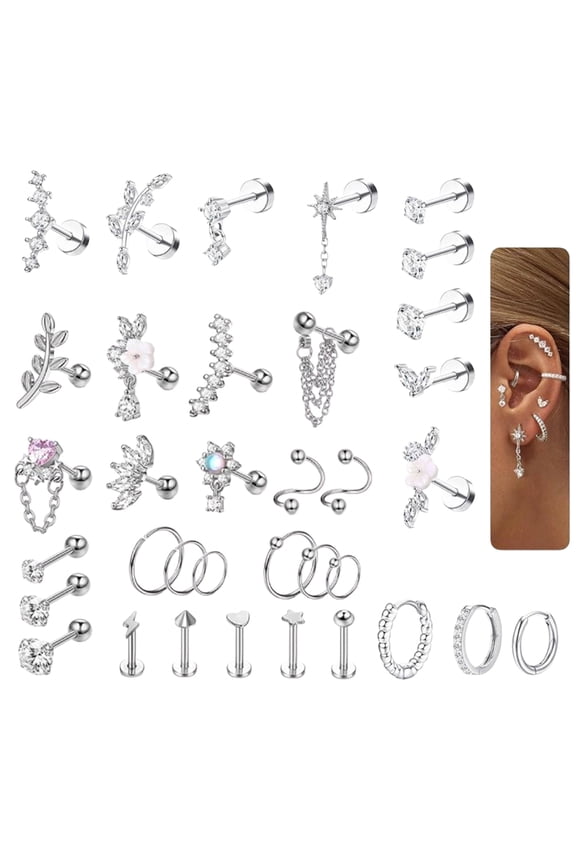 35 Pcs 16G Surgical Steel Earrings for Women - Hypoallergenic Flat Back Stud & Hoop Set, Full Cartilage Piercing Jewelry Kit for Helix, Tragus, Conch, Daily Stacking & Gifting