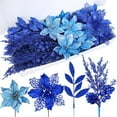 thumbnail image 1 of 35 Pcs Christmas Artificial Poinsettia Flowers Picks and Artificial Leaves Sprays Blue Glitter Christmas Floral Picks for Blue Christmas Tree Holiday Centerpiece Decorations DIY Wreath Garland, 1 of 8