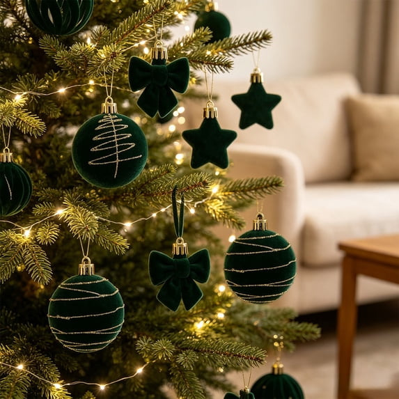 35 Pcs Christmas Ornaments Set, Shatterproof Christmas Balls with Gold Glitter, Star and Bow Hanging Baubles, Reusable Xmas Tree Decorations for Home Indoor Party Holiday Decor