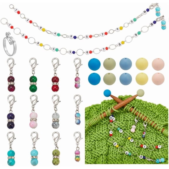 35 Pcs Knitting Accessories Kit Including 12Pcs Glass Beads Stitch Markers 2Pcs Knitting Row Counter Chains 20 Pcs Knitting Needle Stoppers 1Pc Yarn Guide Finger Ring for DIY Knitting for DIY