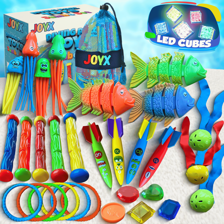 35 Pcs Pool Toys Set with LED Pool Light Cubes & Water Toys Swim Learning & Diving Skill Development for Kids