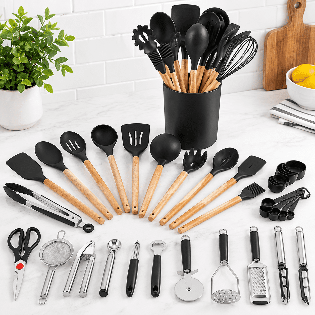 35-Piece Black Kitchen Utensil Set with Wooden Handles and Silicone ...