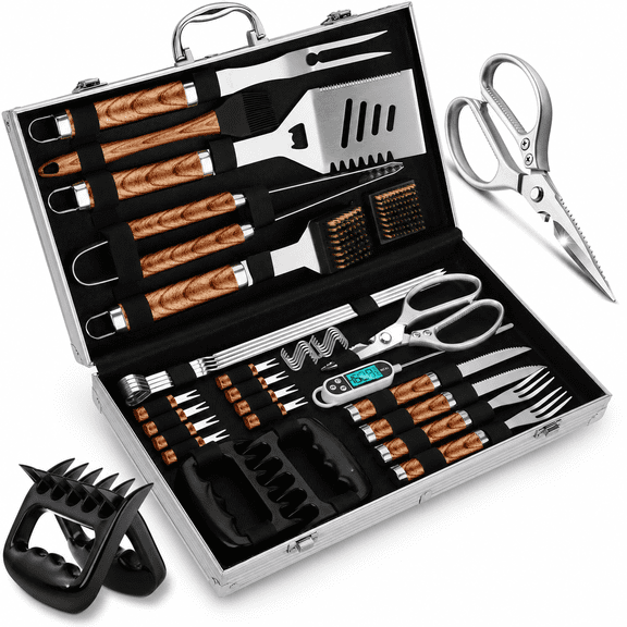 35-Piece Brown Stainless Steel BBQ Grill Tool Set with Aluminum Case