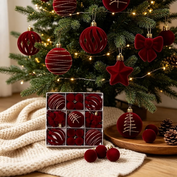 35-Piece Burgundy Christmas Ornament Set, Red and Gold Glitter Christmas Balls, 2.36 Inch Shatterproof Tree Ornaments with Stars and Bows