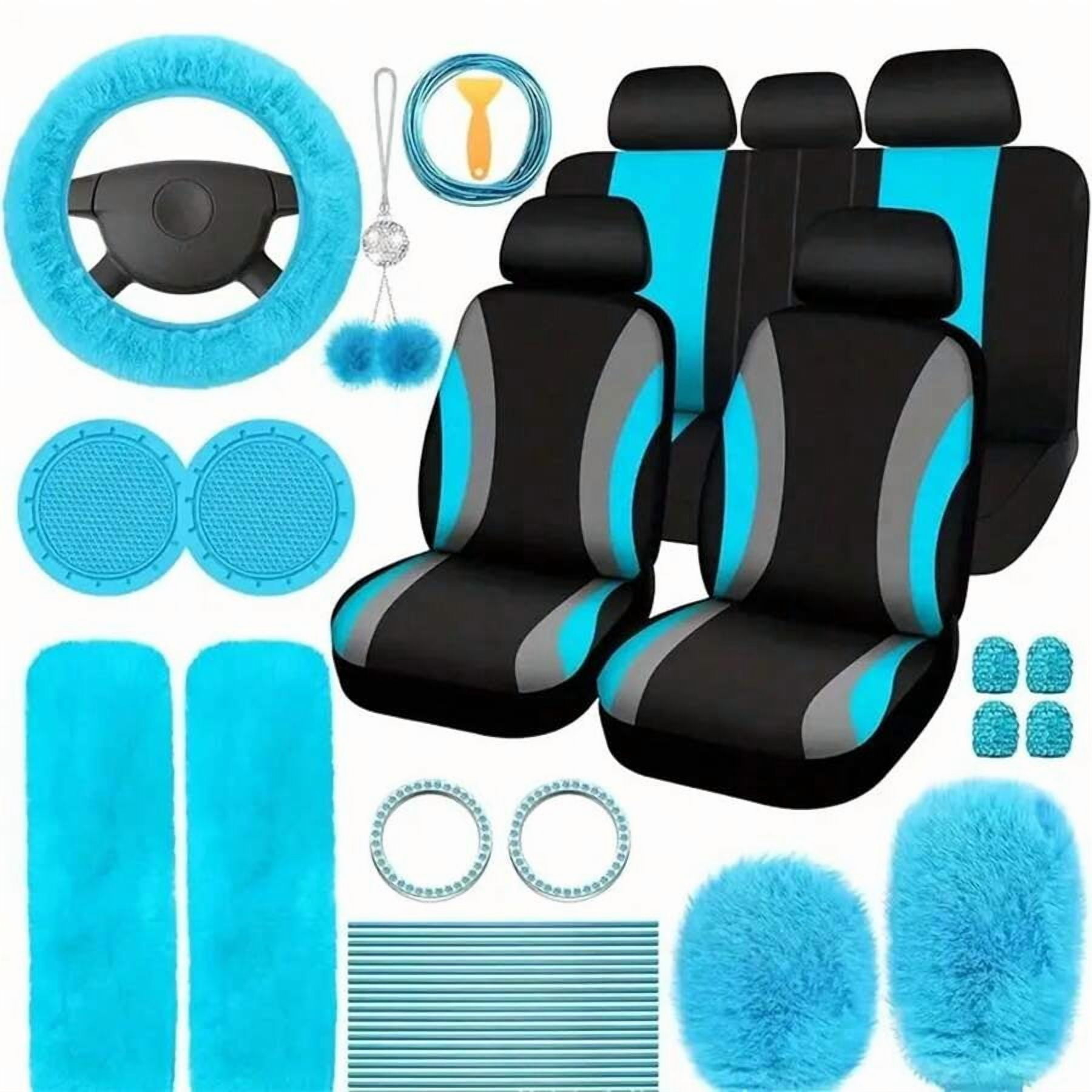 35-Piece Car Seat Cover Set With Steering Wheel Cover, Cup Holder Coasters, Shoulder Pads, And Accessories - Polyester Fabric Interior Decor Kit Without Filler,Pink Car Stuff  Pale Blue