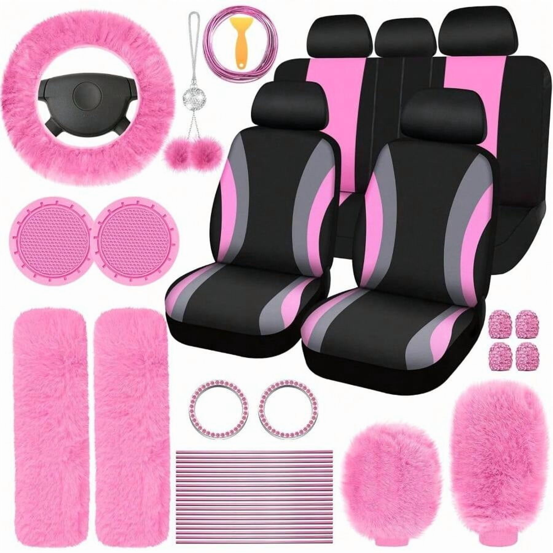 35-Piece Car Seat Cover Set With Steering Wheel Cover, Cup Holder Coasters, Shoulder Pads, And Accessories - Polyester Fabric Interior Decor Kit Without Filler,Pink Car Stuff Pink