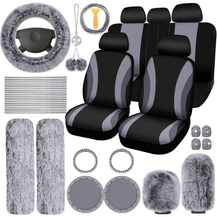 35-Piece Car Seat Cover Set With Steering Wheel Cover, Cup Holder Coasters, Shoulder Pads, And Accessories - Polyester Fabric Interior Decor Kit Without Filler,Pink Car Stuff Gray