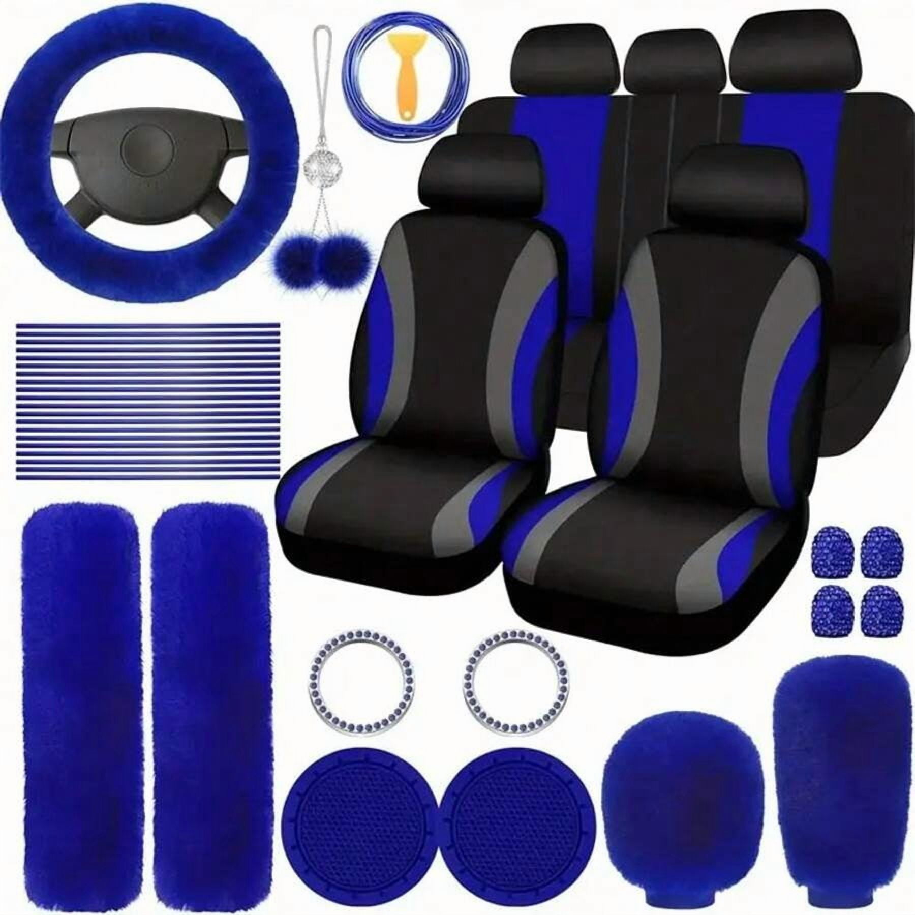 35-Piece Car Seat Cover Set With Steering Wheel Cover, Cup Holder Coasters, Shoulder Pads, And Accessories - Polyester Fabric Interior Decor Kit Without Filler,Pink Car Stuff  Blue