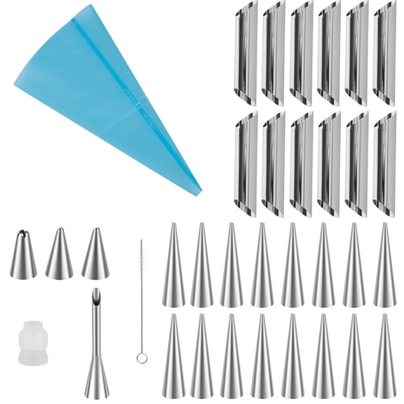 35-Piece Cream Horn Mold Set, Stainless Steel Cannoli Forms and Tubular Pastry Tubes with Piping Kit