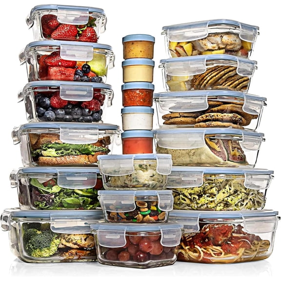35 Pc Glass Food Storage Container Set with Lids - Airtight Bento Boxes for Meal Prep, BPA-Free Leak Proof (15 Lids, 15 Glass & 5 Plastic Dip Containers)