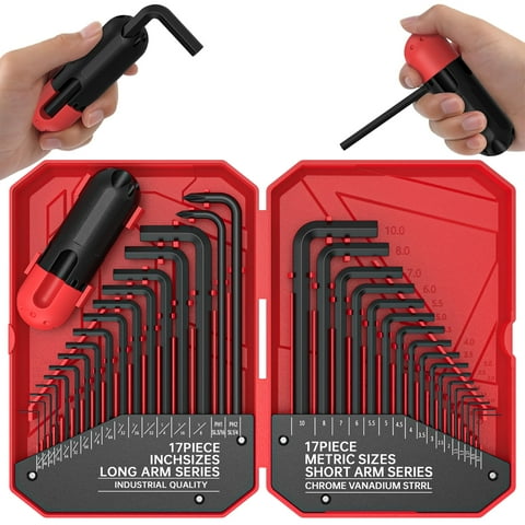 35-Piece Hex Key Set with Storage Case, Allen Wrench Sets, SAE and Metric Allen Key MM(0.7mm-10mm) SAE(0.028-3/8) Heat-Treated, Torque Handle, High Leverage, Long & Short Keys, Easy Organization,Red