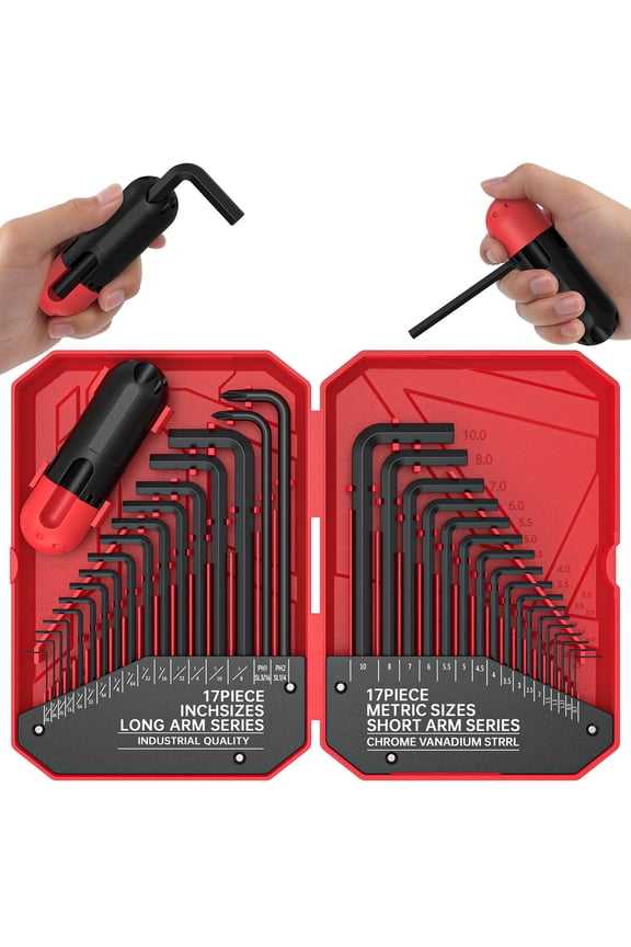 35-Piece Hex Key Set with Storage Case, Allen Wrench Sets, SAE and Metric Allen Key MM(0.7mm-10mm) SAE(0.028-3/8) Heat-Treated, Torque Handle, High Leverage, Long & Short Keys, Easy Organization,Red