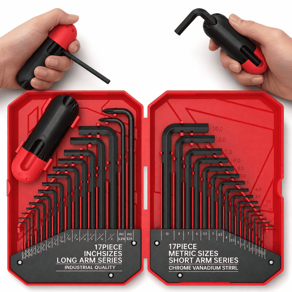 35-Piece Hex Key Set with Storage Case, Allen Wrench Sets, SAE and Metric Allen Key MM(0.7mm-10mm) SAE(0.028-3/8) Heat-Treated, Torque Handle, High Leverage, Long & Short Keys, Easy Organization,Red