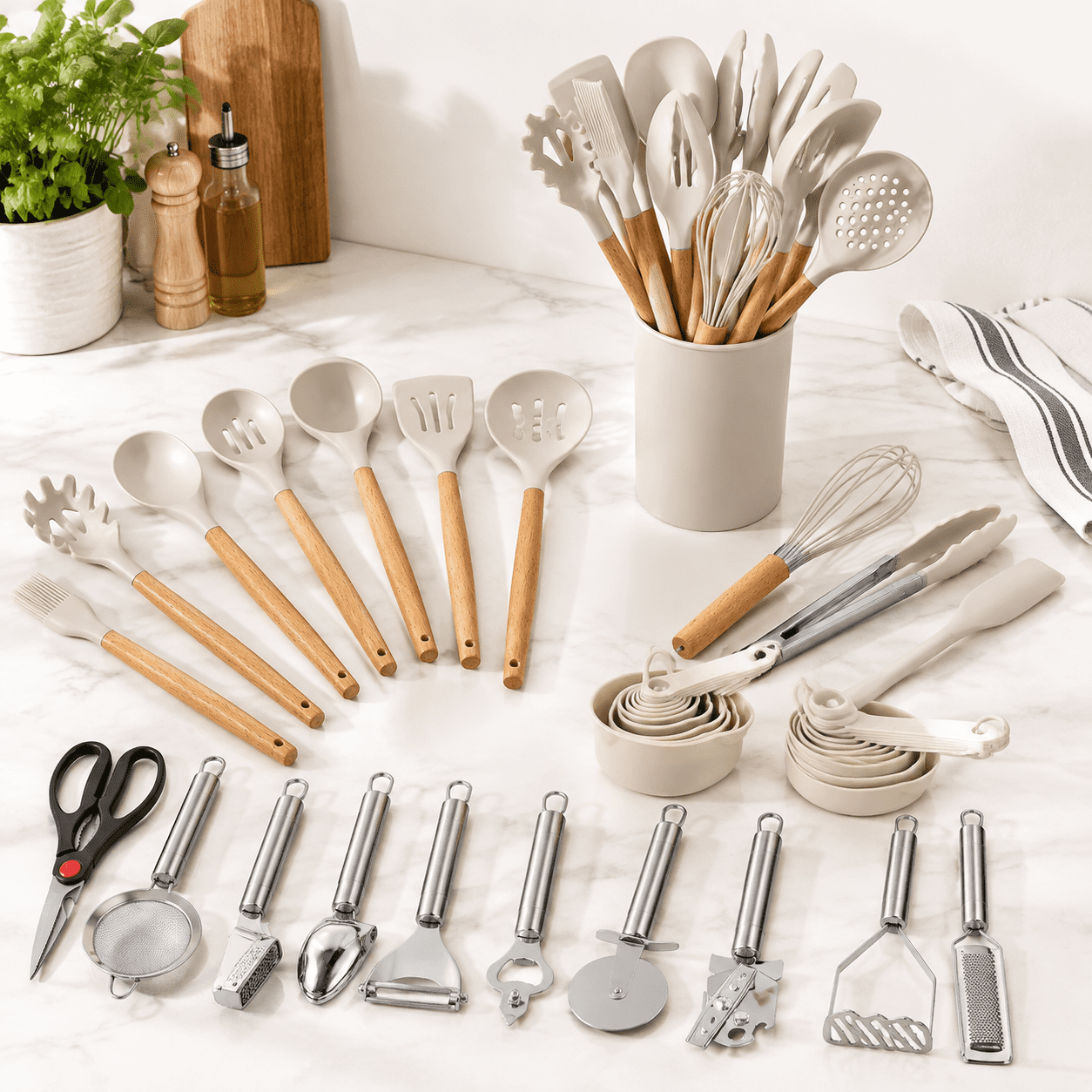 35-Piece Kitchen Utensil Set with Khaki Silicone Heads and Wooden ...