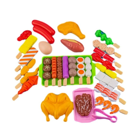 35-Piece Play House BBQ Grill Playset Toys, Pretend Kitchen Toys with Simulation Food Grilled Skewers Kebabs&Condiments, Multi-Color Role Play Food Set for Kids 4-8