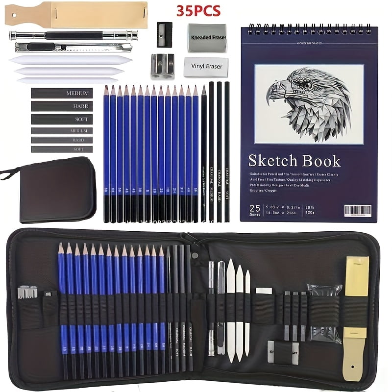 35-Piece Sketching & Charcoal Pencil Set, Complete Drawing Kit with Wood Pencils, Charcoal Pencils & Sticks for Artists