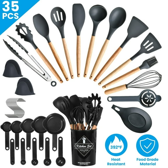 35 Pieces Kitchen Cooking Utensils Set, Nonstick Cooking Utensil Set with Holder, Spoon, Turner, Tongs, Ladle, Wooden Handle Utensils with Hanging Hole, for Cooking and Baking, Black