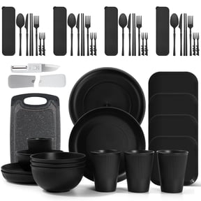 GPED 46 Pieces Wheat Straw Dinnerware Sets for 4, Plates and Bowls Sets With Cutting Board and Fruit Knife, Outdoor Camping Dishes Sets, Microwave & Dishwasher Safe, Lightweight & Unbreakable, Black