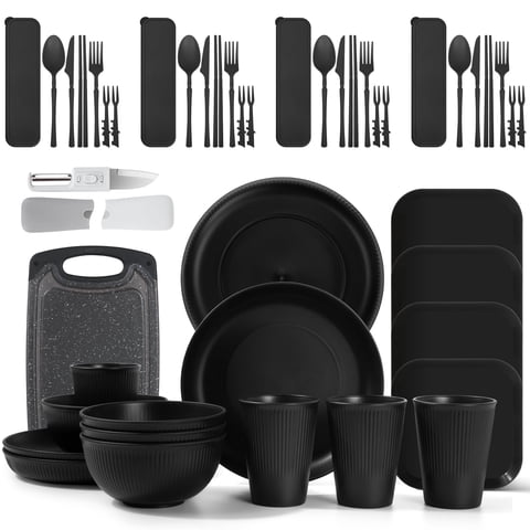 GPED 46 Pieces Wheat Straw Dinnerware Sets for 4, Plates and Bowls Sets With Cutting Board and Fruit Knife, Outdoor Camping Dishes Sets, Microwave & Dishwasher Safe, Lightweight & Unbreakable, Black