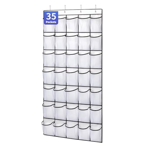 35 Pockets Over the Door Shoe Organizer,Hanging Shoe Organizer for Door with 35 Mesh Pockets Large Capacity Shoe Hanging Storage Bag with 4 Metal Hooks (White-1Pack)
