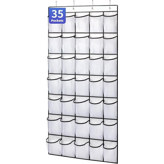 35 Pockets Over the Door Shoe Organizer, Hanging Shoe Organizer for Door with 35 Mesh Pockets Large Capacity Shoe Hanging Storage Bag with 4 Metal Hooks-White-1pack of 35 pocket