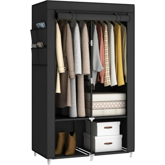 35" Portable Wardrobe - Fabric Covered Closet with 2 Rods & 4 Shelves, Space-Saving Storage for Small Rooms