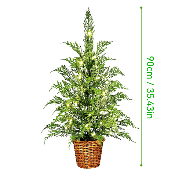 35" Pre-Lit Green Cypress Artificial Christmas Potted Tree with Twinkle Lights, Mini Christmas Tabletop Tree, Indoor Holiday Decoration for Home, Office, or Party