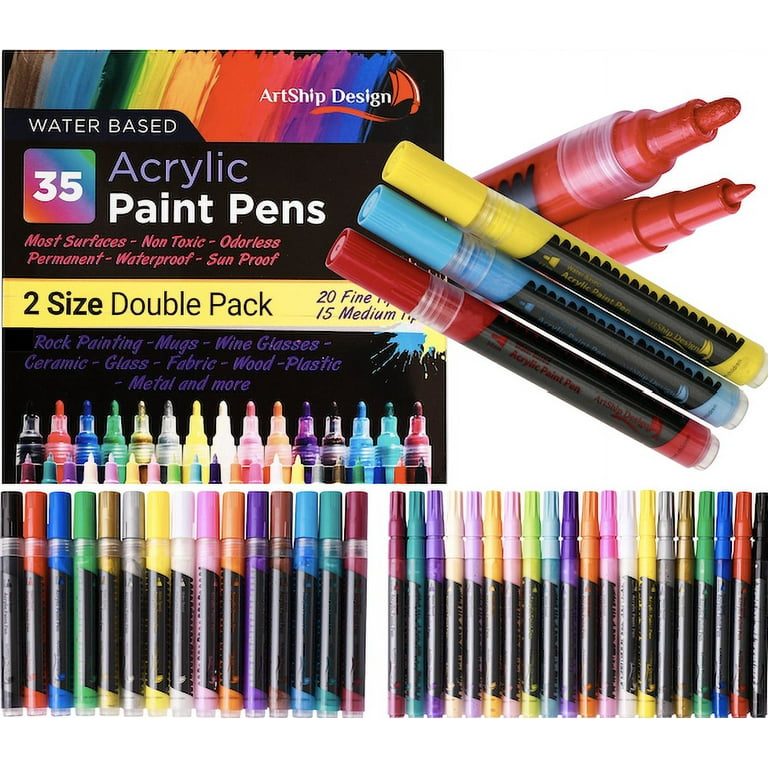 ArtShip Design 35 Premium Acrylic Paint Pens, Double Pack of Both Extra Fine and Medium Tip, for Rock Painting, Mug, Ceramic, Glass, and Fabric