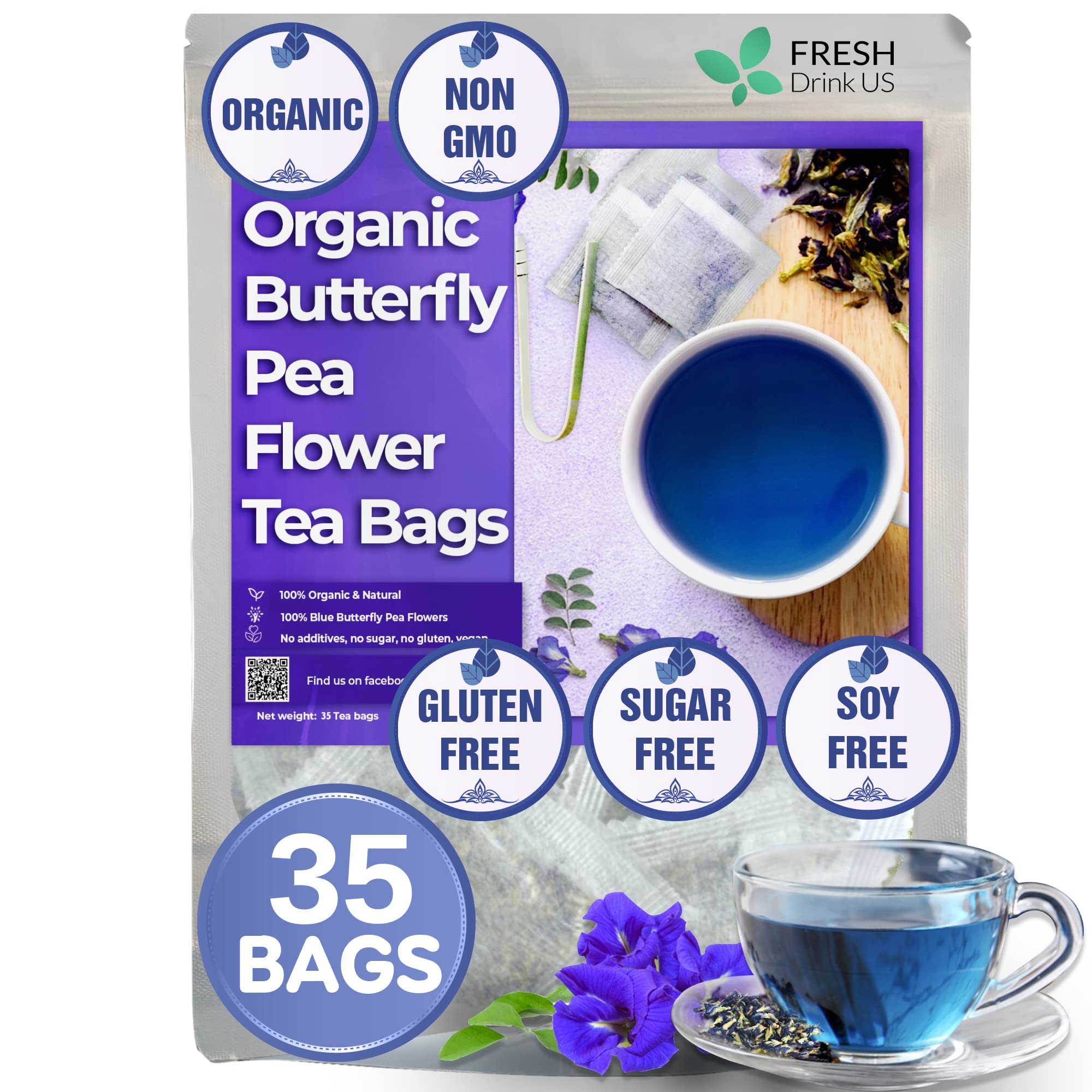 35 Premium Butterfly Pea Flowers Tea Bags, Organic, Pure, Non Gmo, Made With Natural Corn Fiber