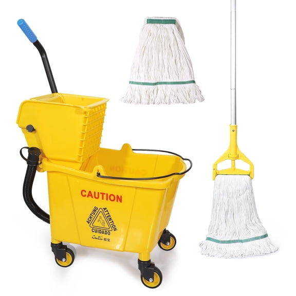 35-Qt Commercial Mop Bucket with Side Press Wringer Commercial Floor Cleaning Rectangular Mop Bucket on Wheels, Yellow, Add One Commercial Mop and One Mop Head Replacement