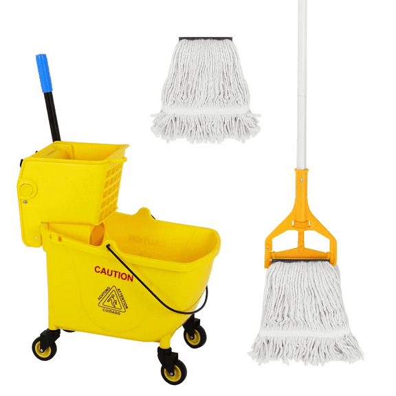 35 Qt Commercial Mop Bucket with Side Press Wringer on Wheels,Mop and Bucket Set, Add One Industrial Mop and One Mop Head Replacement