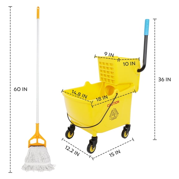 35-Qt mop bucket with wringer - adaptable to large area cleaning, mop can always be dipped into clean water for mopping.