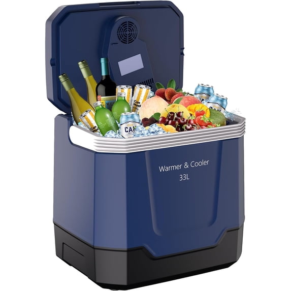 35 Quart (33L) Portable Electric Cooler & Warmer, Thermoelectric Car Refrigerator with Automatic Locking Handle, Hot & Cold Modes, LED Light