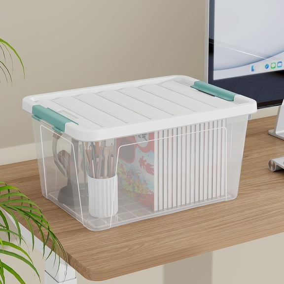 35 Quart Clear Lidded Storage Bins, Stackable Plastic Organizer Boxes with White Lid and Green Latches for Home Office Organization