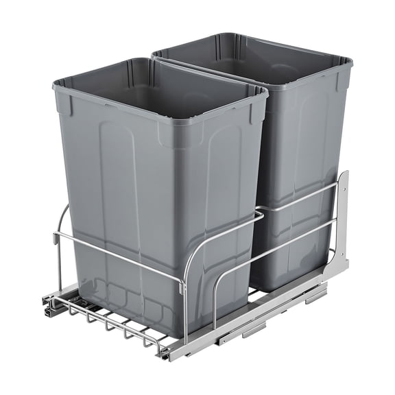 35-Quart Double Pull-Out Trash Can, Heavy Door Kit + Soft Close Slide, Grey, Under Kitchen Sink