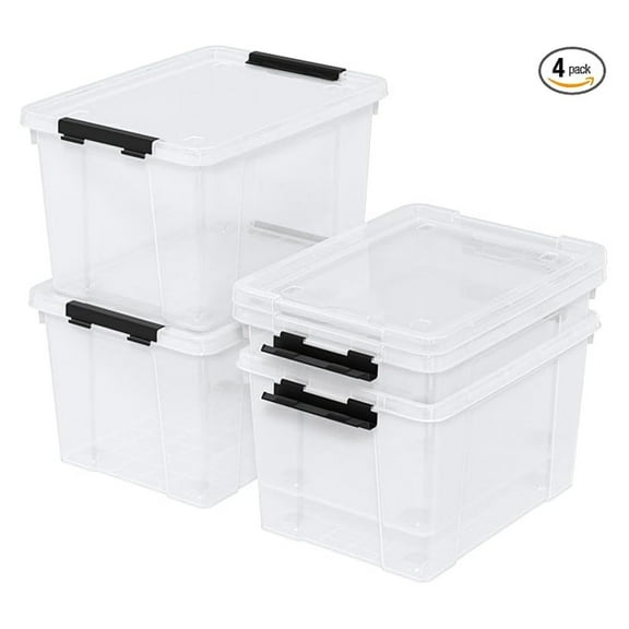 35 Quart Storage Bins with Latching Lids & Wheels, 4 Pack - Clear Plastic Containers for Organization, Home & Camping - Black