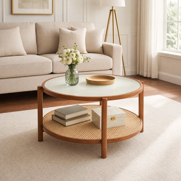 35" Rattan Coffee Table with Frosted Tempered Glass Top & Storage Shelf, Round Center Table Cocktail Tea Table for Living Room,Walnut