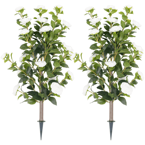 35" Realistic Artificial Camellia Tree, 2 Pcs No Fading Fake Flower Shrub, Weather Resistant Artificial Plants for Bedroom Patio Wedding Home Decoration, Best Housewarming Present,White