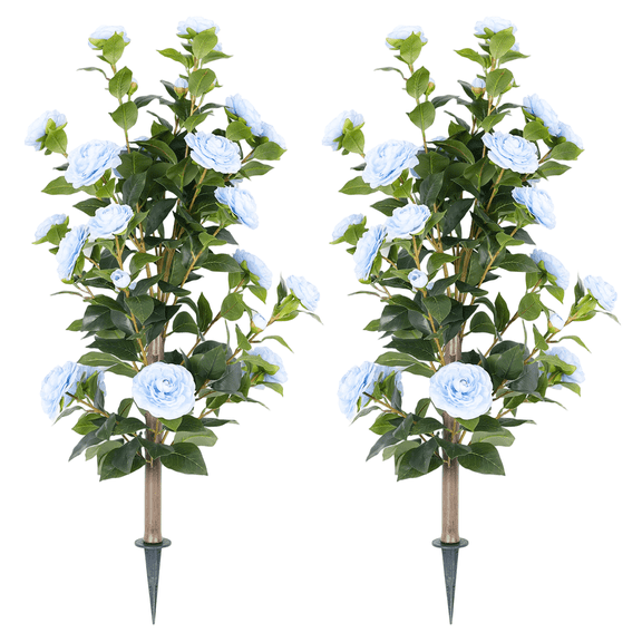 35" Realistic Artificial Camellia Tree, 2 Pcs No Fading Fake Flower Shrub, Weather Resistant Artificial Plants for Bedroom Patio Wedding Home Decoration, Best Housewarming Present,Blue