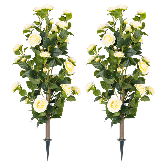 35" Realistic Artificial Camellia Tree, 2 Pcs No Fading Fake Flower Shrub, Weather Resistant Artificial Plants for Bedroom Patio Wedding Home Decoration, Best Housewarming Present,Yellow