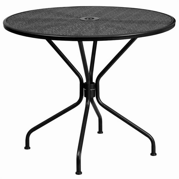 35" Round Black Metal Patio Table with Umbrella Hole For Indoor or Outdoor Use