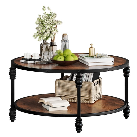 35" Round Coffee Table with Storage, 2-Tier Center Table for Living Room with Adjustable Legs, Rustic Circle Cocktail Table with Wood Top and Metal Frame,Retro Brown